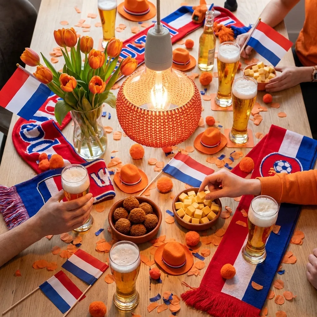 WK-sfeer met Terra Orange LampSleeve boven een feestelijk gedekte tafel met oranje tulpen, Nederlandse vlaggetjes en bitterballen